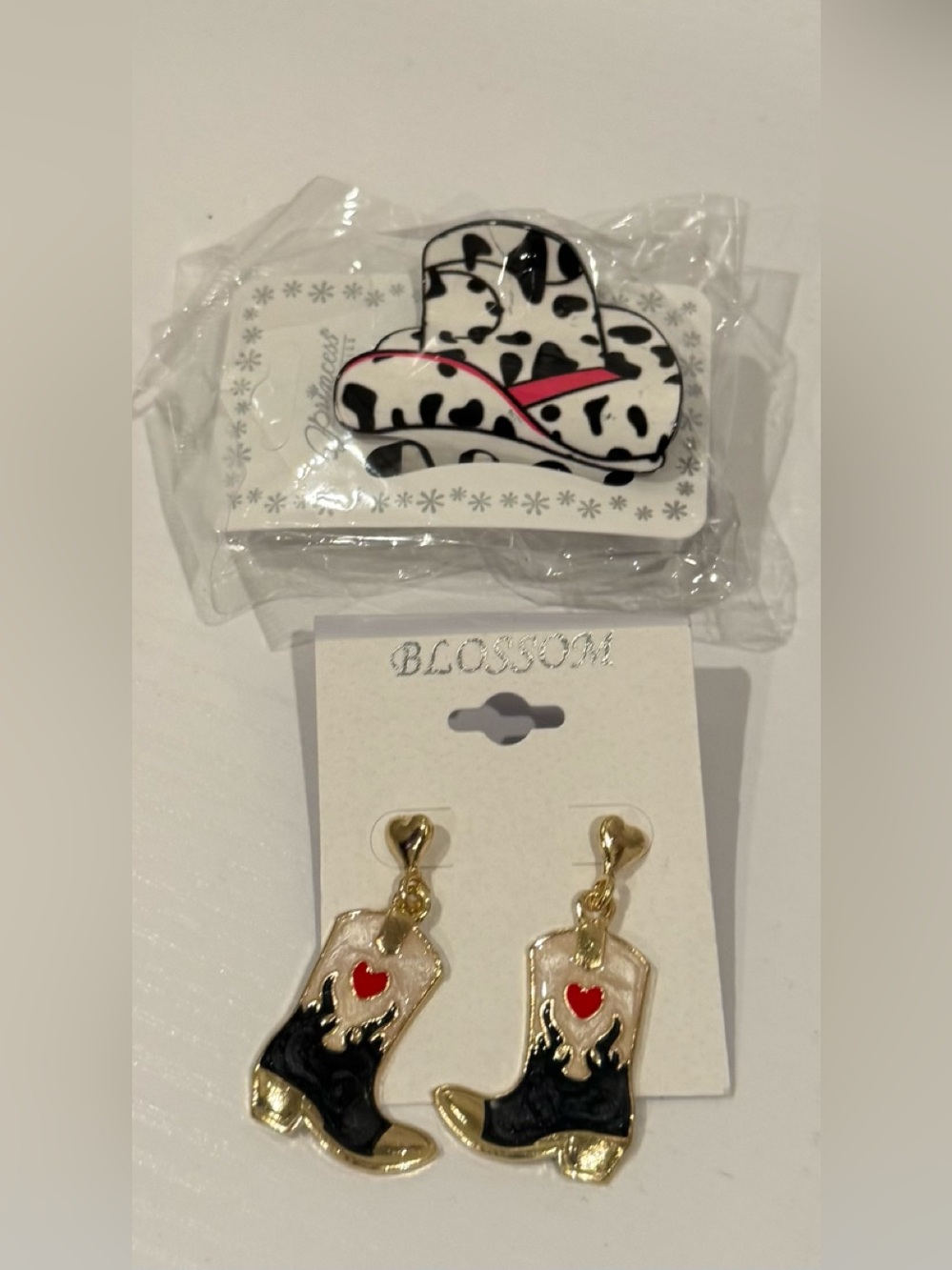 Black & Gold Cowboy Boot Drop Earrings with Red Heart Accent & Hair Clip